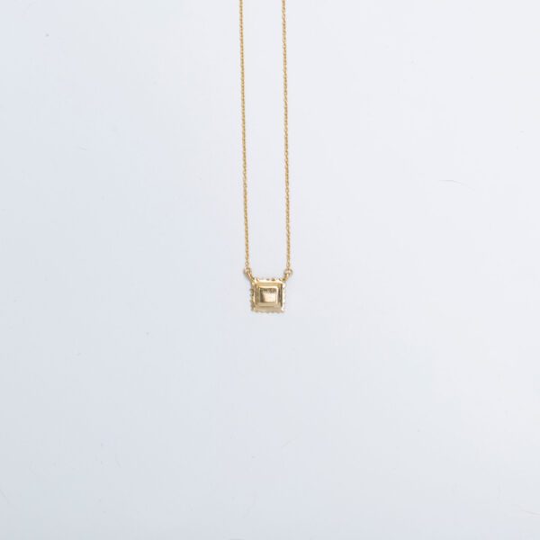 There is a small gold pendant necklace in the top, center part of the photo. The necklace has a thin gold-plated chain with a small ravioli pendant in the center. The background is plain white.