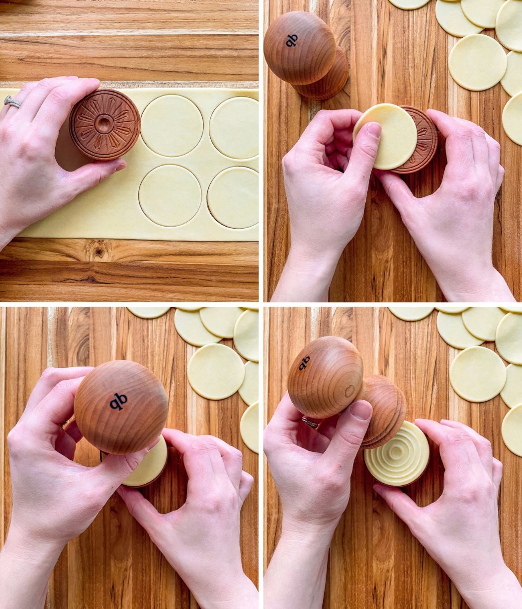 There are four images, showing the steps for making corzetti pasta. The first image shows cutting out circles of pasta; the second shows a hand placing the circle over a circular patterend stamp; the third shows placing the stamp on top; the fourth reveals the finished design.