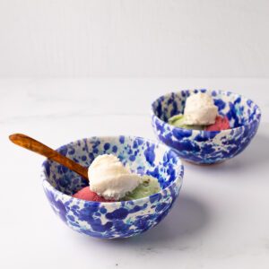 Blue splatterware gelato bowls